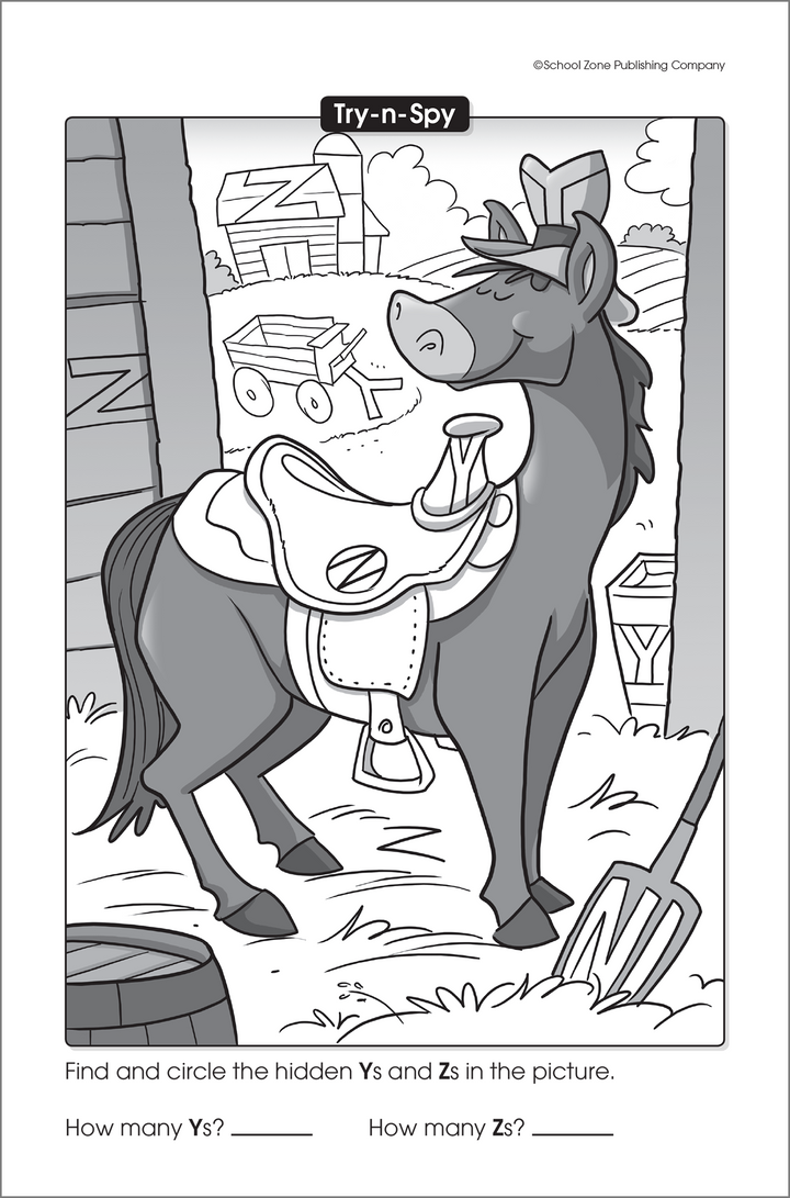 Scenes such as smiling horses in this Try-n-Spy Little Busy Book create smiling little learners.