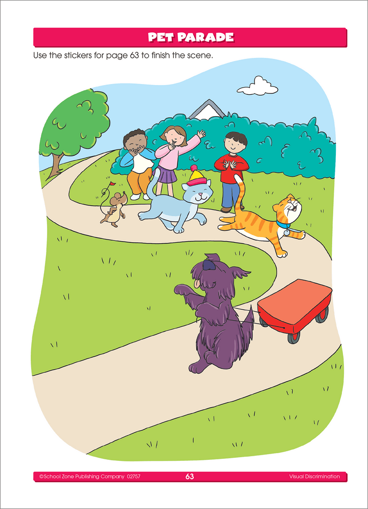 Young learners completing the hidden pictures pages in Preschool Stickers Workbook will sharpen their attention to detail.