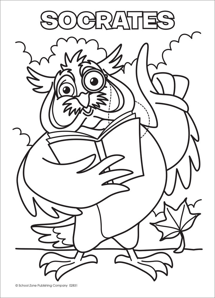Socrates the owl is just one of the friends in Charlie's Coloring Adventure.