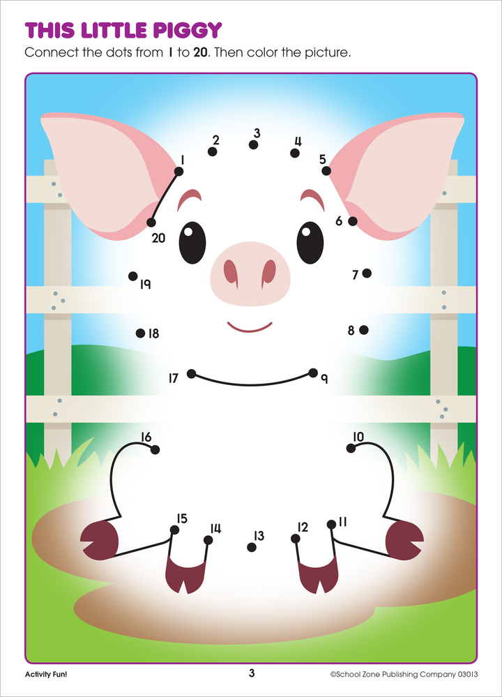 Practice numbers 1-20 with barnyard critter dot-to-dot puzzles in this Activity Fun! Write & Reuse Workbook.