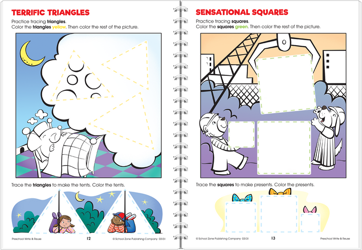 Preschool Write & Reuse Workbook is spiral-bound and lies flat for ease of use.