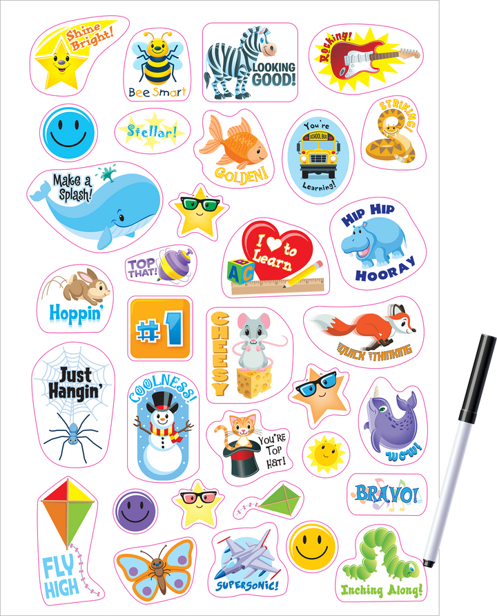 Bright, colorful stickers are part of Kindergarten Write & Reuse Workbook.