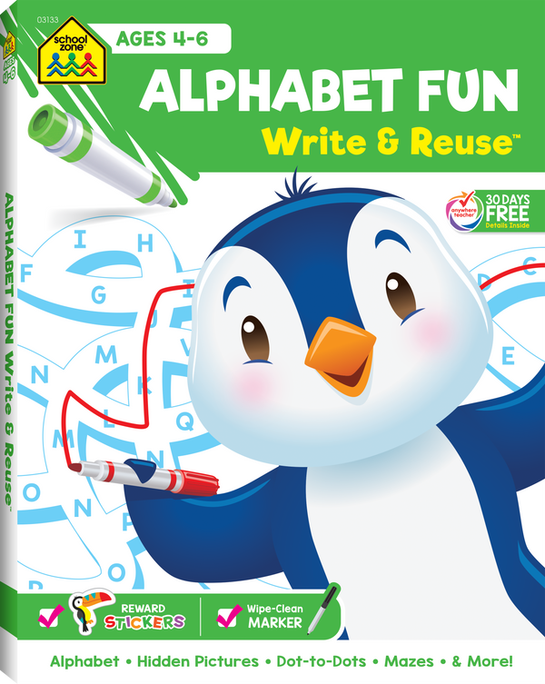 Alphabet Fun Write & Reuse Workbook is designed to charm little learners.