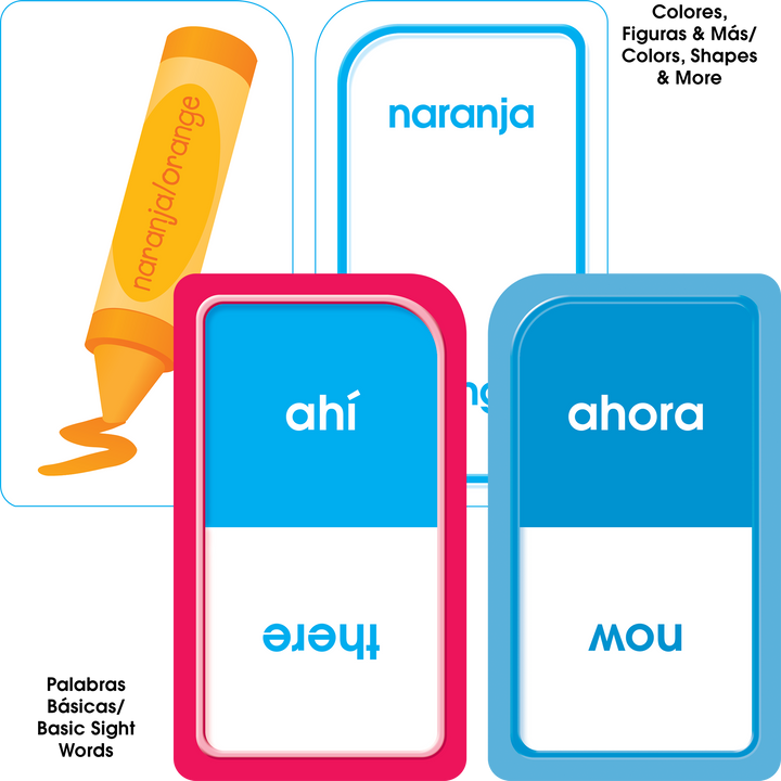 Children will love using the Bilingual Flash Card 4-Pack to practice learning Spanish and English.