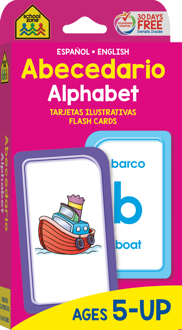 These Bilingual Alphabet Flash Cards show uppercase and lowercase letters, pictures, and words.