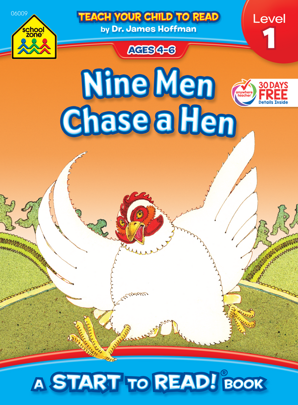 Nine Men Chase a Hen Book Title featuring frantic chicken running.