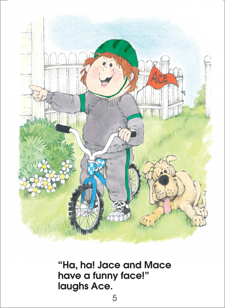 In The Big Race - A Level 2 Start to Read! Book Jace and Mace outsmart a neighborhood bully called Ace.