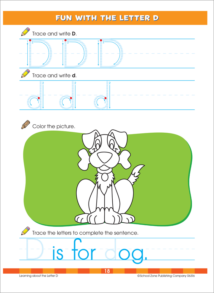 Fun with the Letter D workbook page to trace and write the letter D, and color a picture of a dog