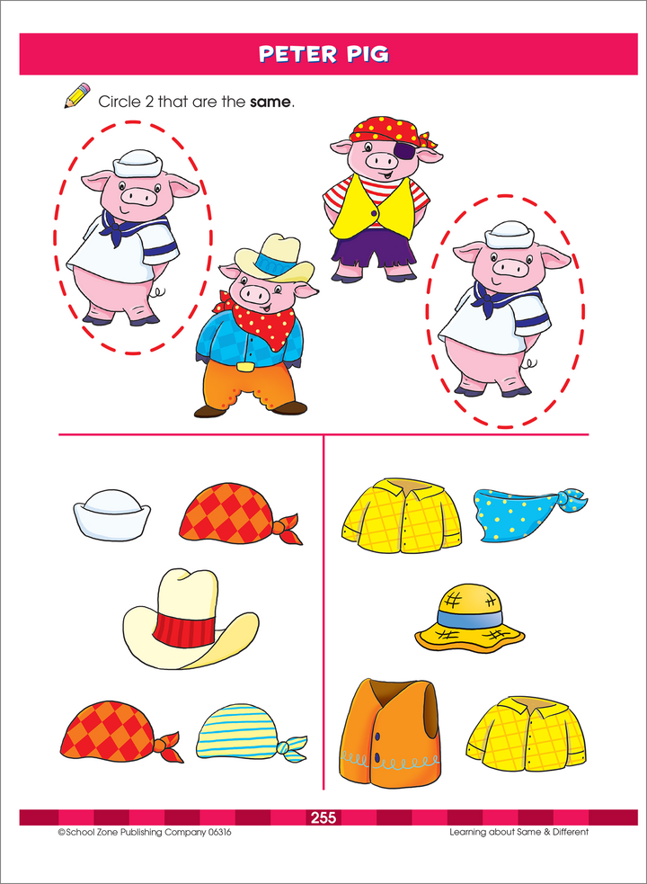 Peter Pig workbook page with costumed pigs, hats, and articles of clothing to match