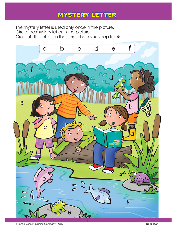 Mystery letter workbook page. Find letters scattered in the scene of five kids by a stream