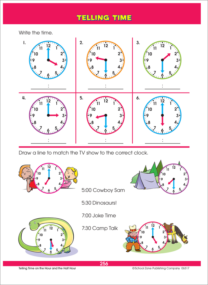 Telling Time workbook page matches tv show listings to the correct analog clock