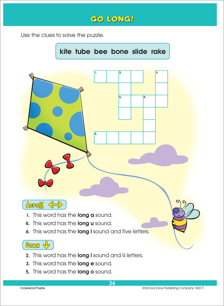 Crossword puzzle workbook page shows a bee flying a polka dot kite