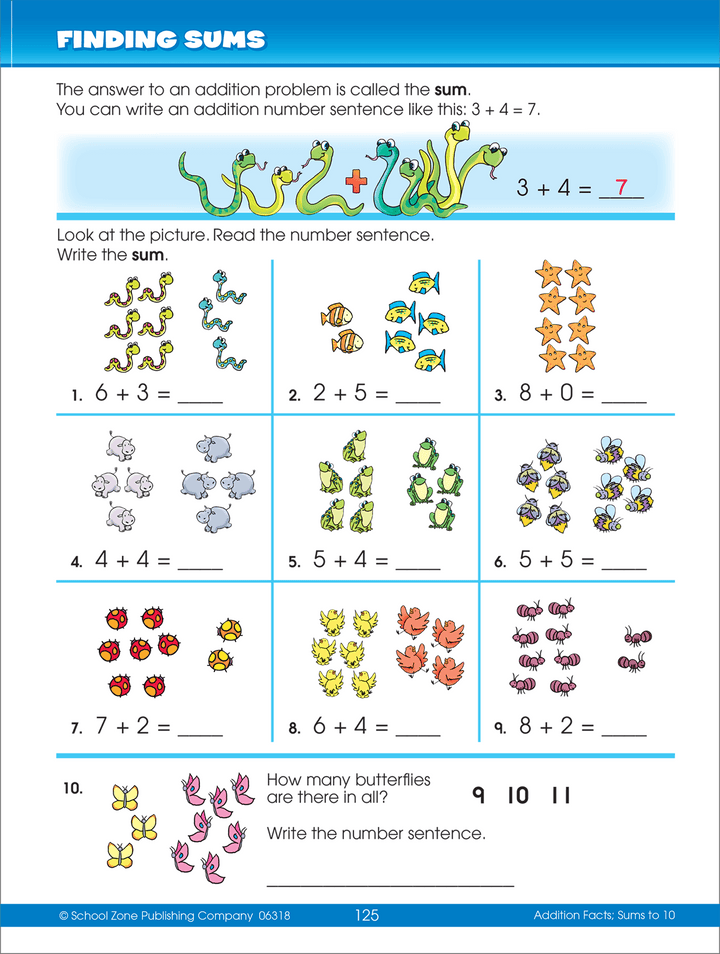 Many math problems in Big Second Grade Workbook use illustrations to make learning easier and more interesting.