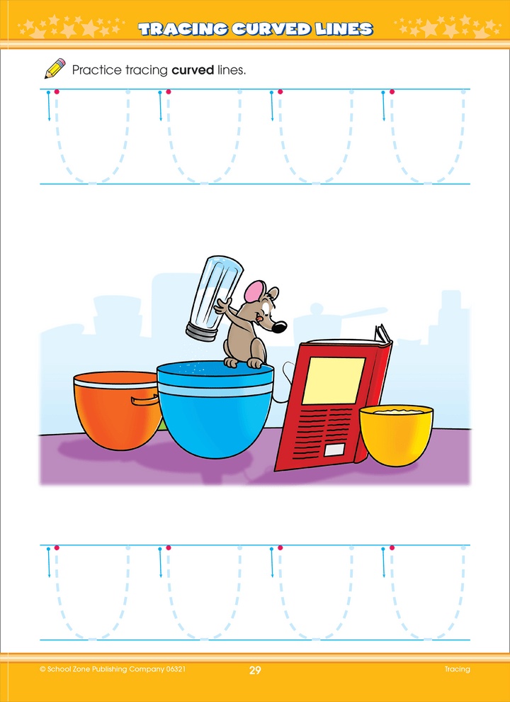 Tracing lines and curves in Fun and Games Preschool Workbook is one big step in pre-writing.