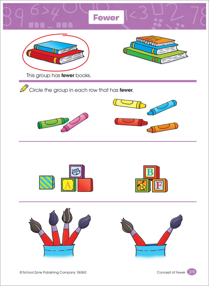 Fewer workbook page compares stacks of books, crayons, piles of blocks, and paintbrushes