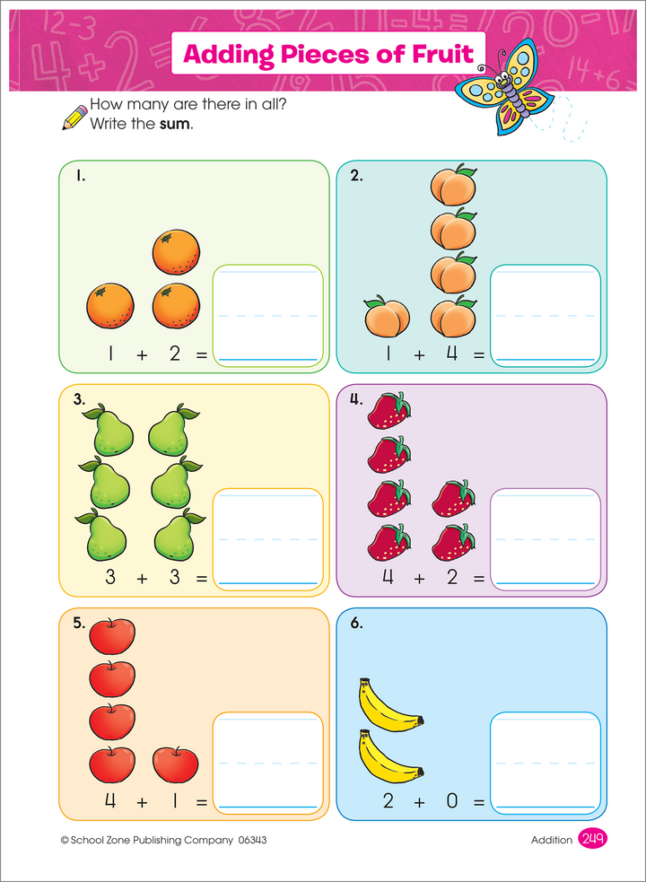 Adding Pieces of Fruit workbook page adds up oranges, peaches, pears, strawberries, apples, and bananas.