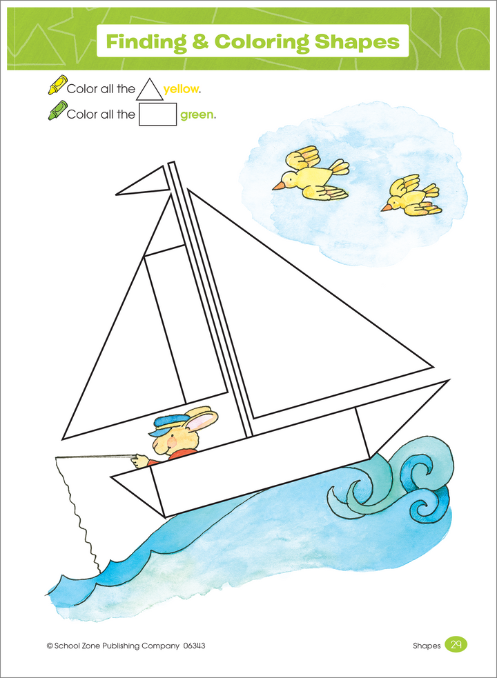 Finding and Coloring shapes workbook page has you color the sailboat's triangles and rectangles