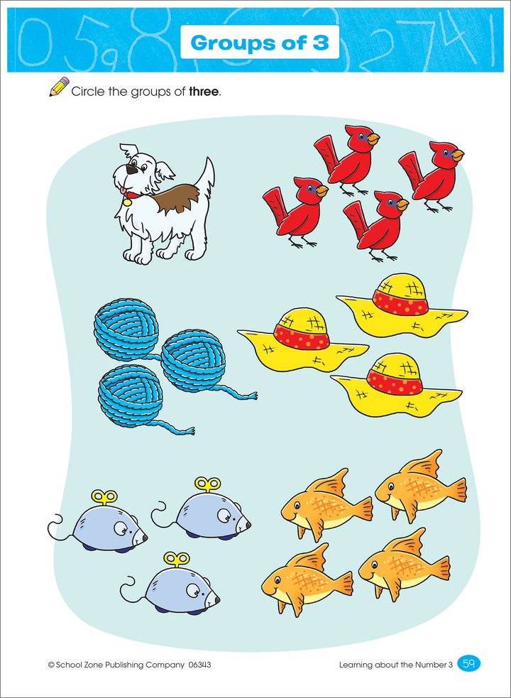 Groups of 3 workbook page shows groups of colorful objects: dog, cardinals, straw hats, yarn, windup mice, and fish.