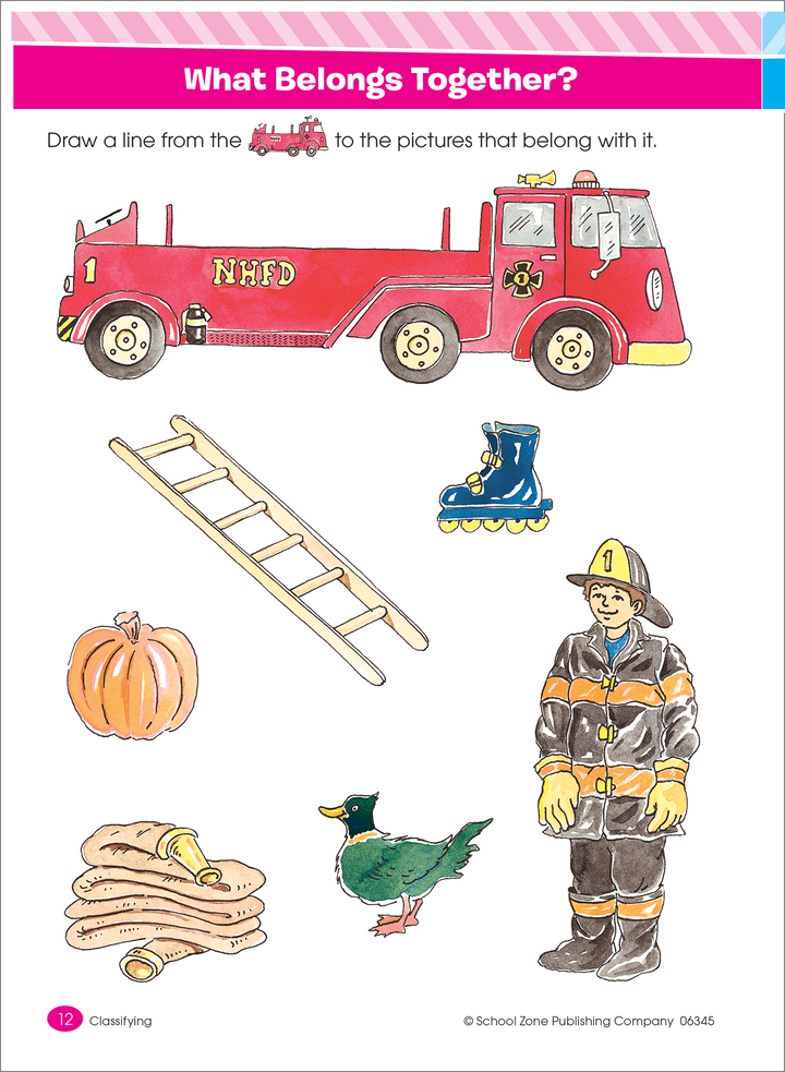 What belongs together workbook page shows a fire engine, ladder, boots, pumpkin, hose, duck, and fireman
