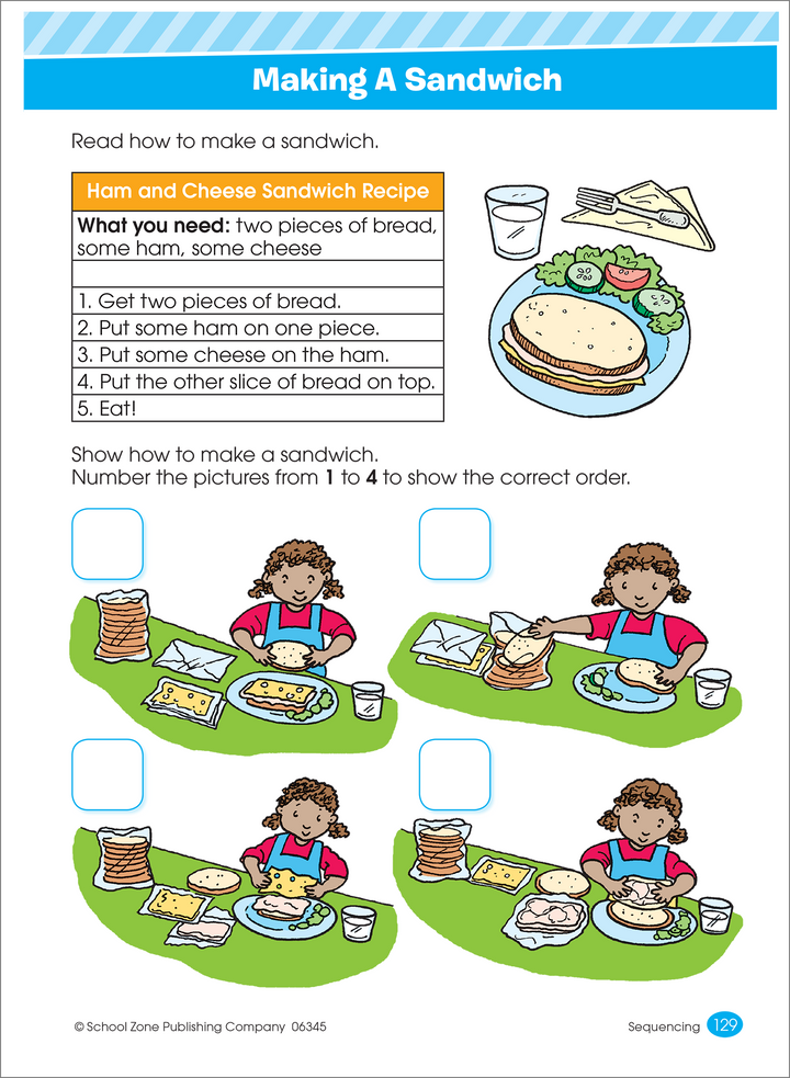 Making a sandwich workbook page gives instructions how to make a sandwich and you number the images of a girl assembling a sandwich to match the instructions