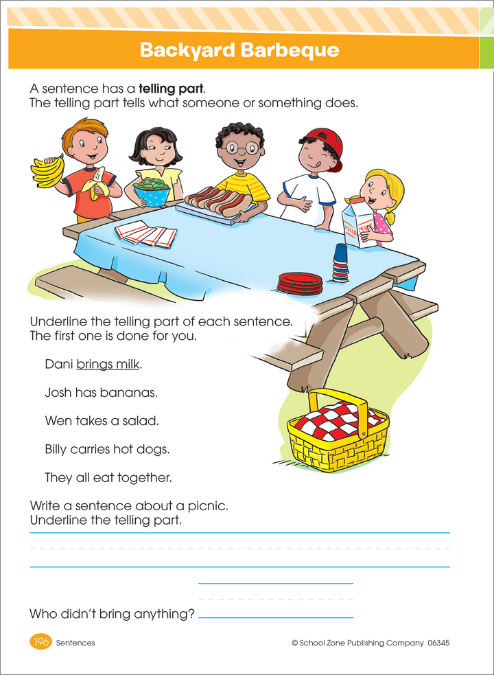 Backyard Barbeque workbook page features a family setting food on a picnic table and sentences telling what they are doing.