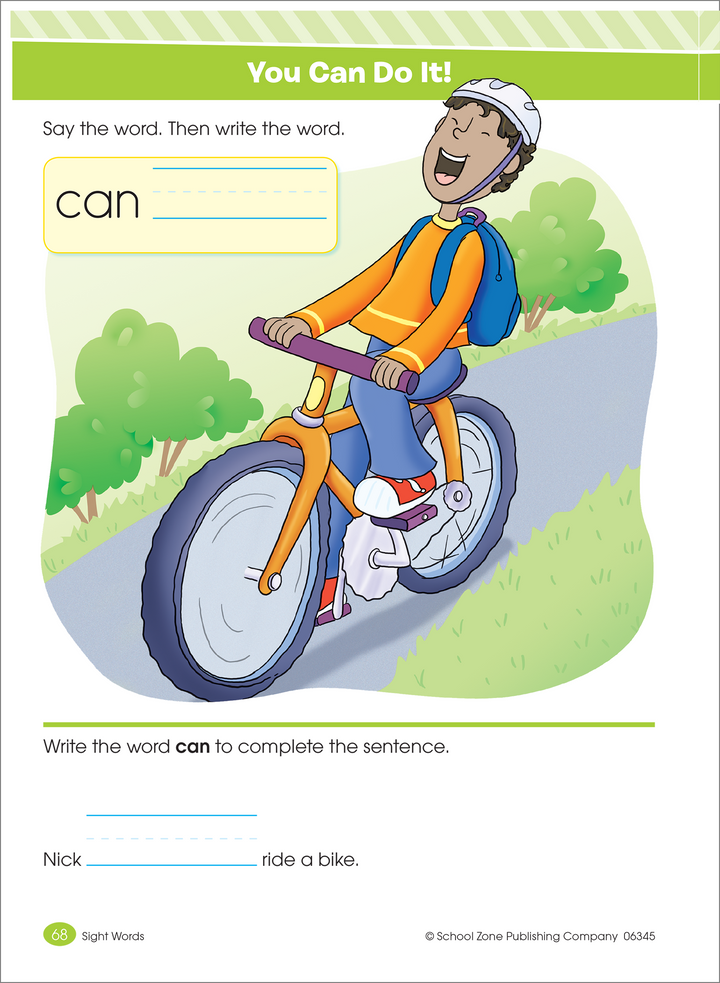 You can do it workbook page has a boy riding a bike and you write the word "can" to complete the sentence.