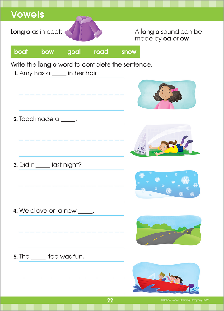 Practicing long and short vowels is just one of the activities in this Get Ready for First Grade Workbook.