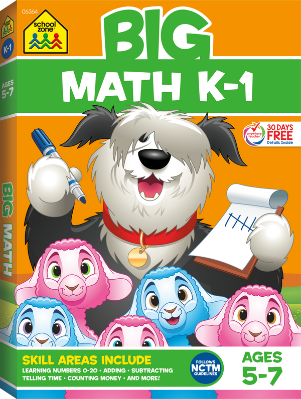 Big Math K-1 Workbook cover has a shaggy sheepdog counting pink and blue sheep