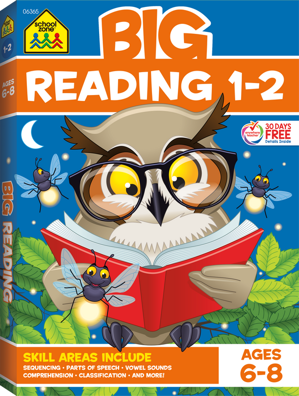 Big Reading 1-2 Workbook cover has an owl with glasses reading a book at night by the light of fireflies
