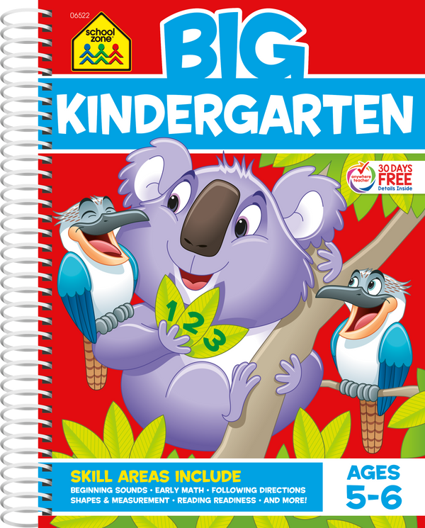 Big Kindergarten spiral bound workbook cover features purple koala and laughing kookaburra birds.