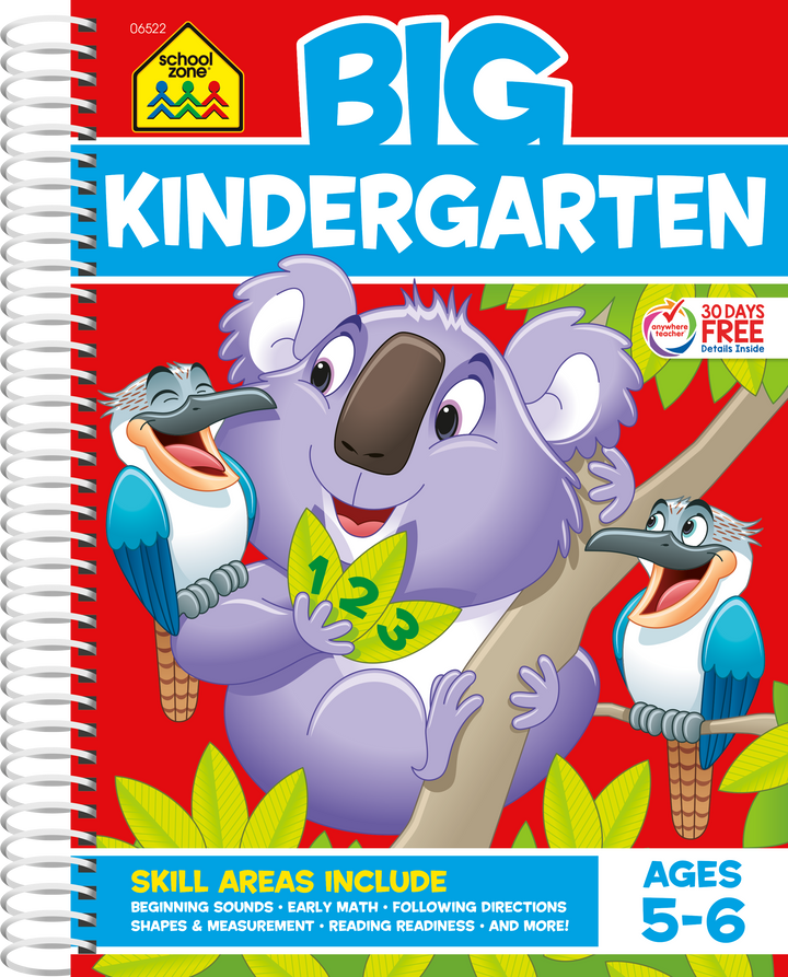 Big Kindergarten spiral bound workbook cover features purple koala and laughing kookaburra birds.