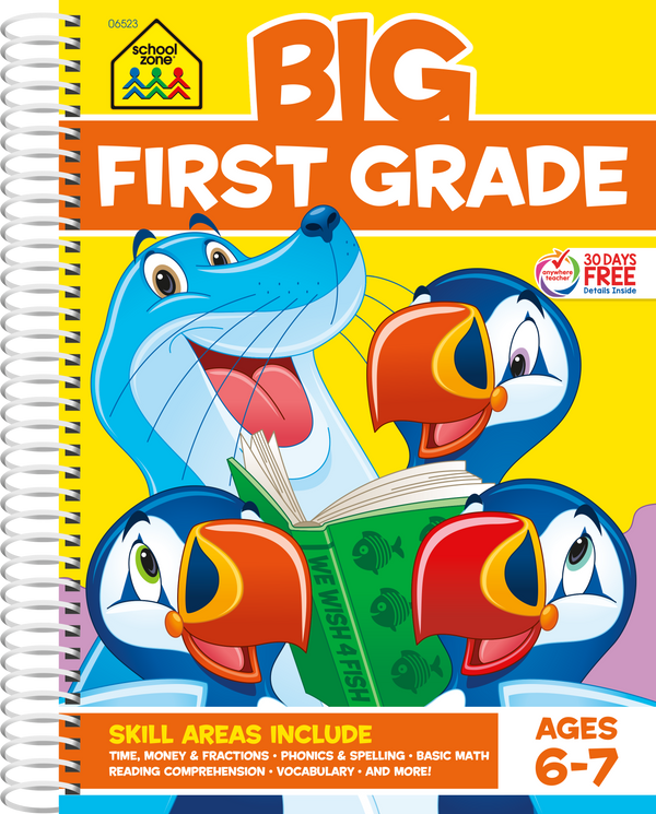 Big First Grade spiral bound workbook cover features happy seal and puffins reading a book.