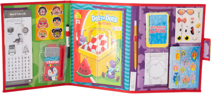 On the Go Activity Playset unfolded with Activity Fun workbook, flashcards, pencil, pen, crayons, and more in sleeves