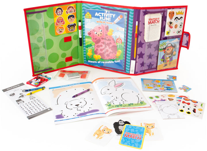 On the Go Activity Playset unfolded with workbook, crayons, stickers, and flash cards spread out 