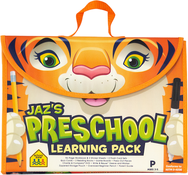  Jaz's Preschool Learning Pack has handles, on the flap is a smiling orange tiger face