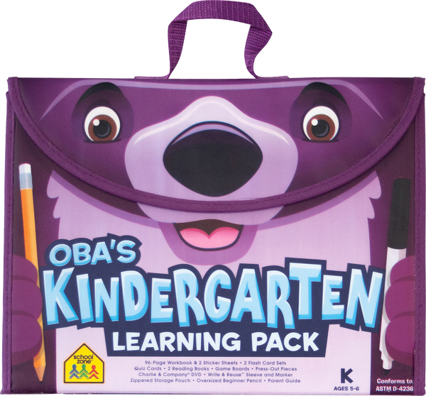  Oba's Kindergarten Learning Pack has handles, on the flap, is a smiling purple bear face