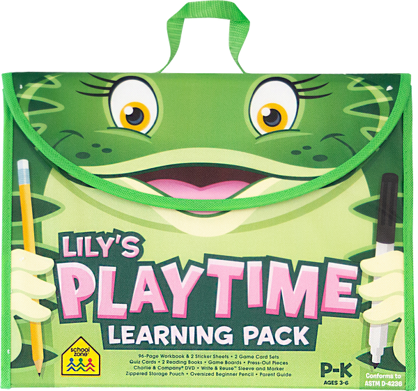  Lily's Playtime Learning Pack has handles, on the flap is a happy green frog face 
