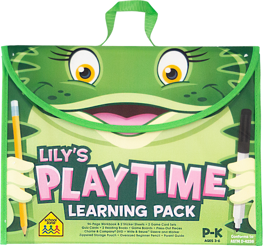  Lily's Playtime Learning Pack has handles, on the flap is a happy green frog face 