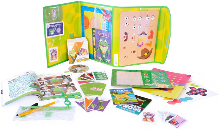 Lily's Playtime Learning Pack unfolded with DVD, books, workbooks, flashcards, scissors, game boards, and more spread out
