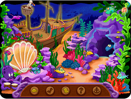 Choose from the Sunken Ship's Galley Game, the Coral Reef Game, and the Neptune's Cave Game in Spelling 1-2 Software (Windows Download).
