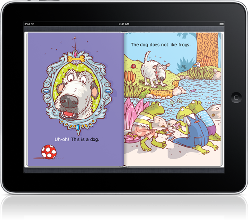 Rhyming words and charming illustrations in Jog, Frog, Jog Read-along (iOS eBook) keep kids focused.