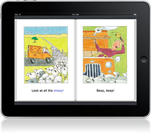 Rhyming words in Beep, Beep! Read-along (iOS eBook) build language skills.