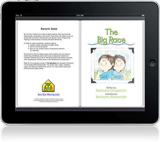 The Big Race Read-along (iOS eBook) is just one selection from School Zone's Start to Read! Series.