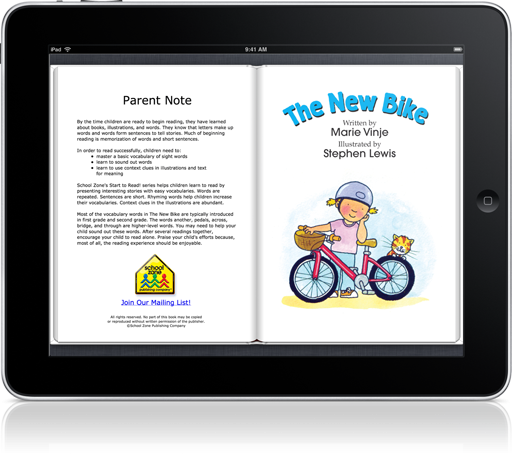 The New Bike Read-along (iOS eBook) is one offering from School Zone's Start to Read! series.
