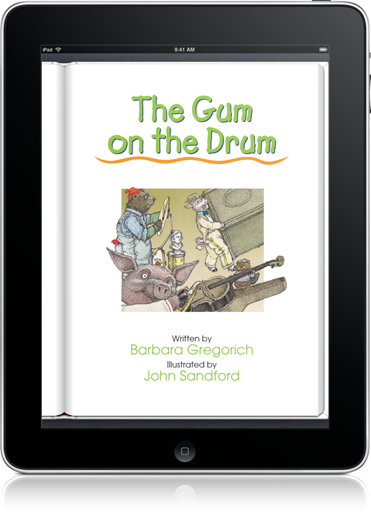 Repeated words, short sentences, and rhyming in The Gum on the Drum (iOS eBook) will help children learn to read.