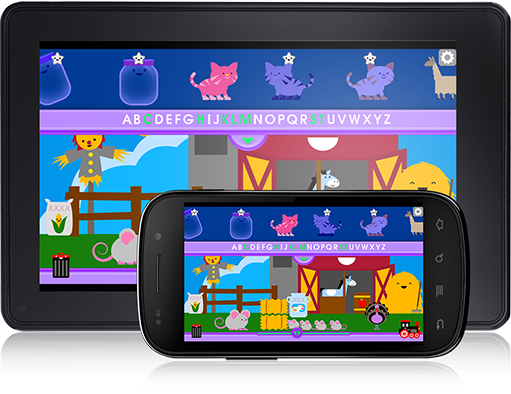 Players collect 78 different alphabet characters in Clickity-Clack Alphabet (Android App).